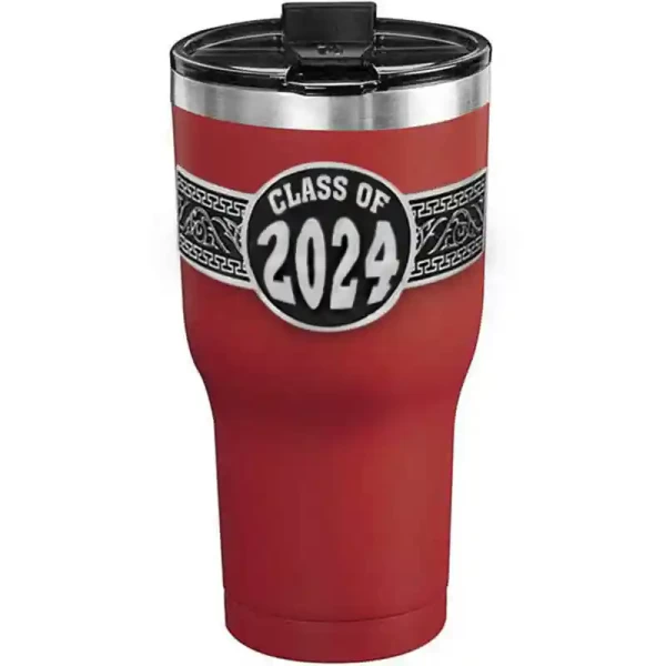 A customized tumbler made of stainless steel with a personalized engraved Class of 2024 lettering, 30 oz, ideal for coffee or cool drinks